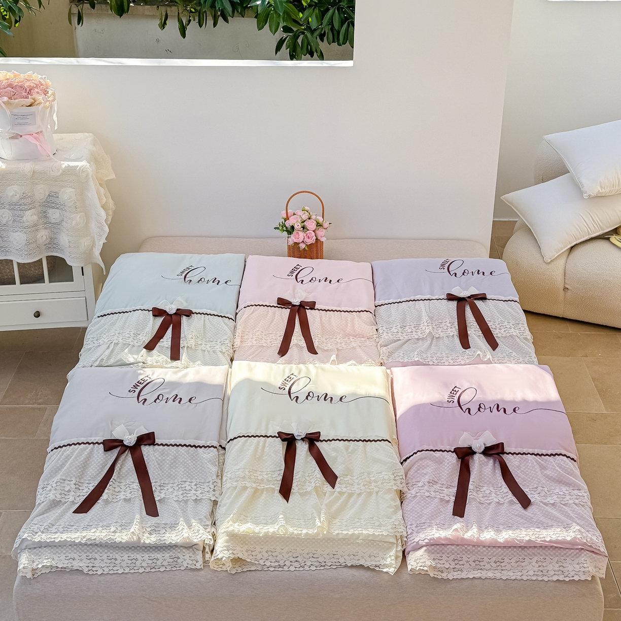 91家纺网 家纺一手货源 找家纺 优姿家纺 2026新款热款法式田园风花边天丝绣花夏被被子被芯 粉紫色