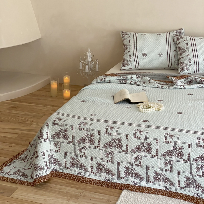 91家纺网 家纺一手货源 找家纺 麻依 2026新款韩国重工全棉纱布床盖床盖三件套 祈福-水蓝