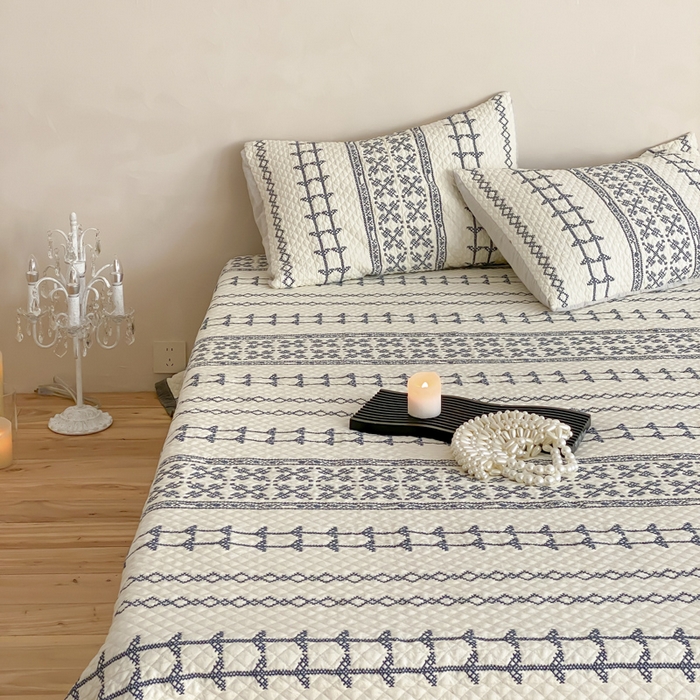 91家纺网 家纺一手货源 找家纺 麻依 2026新款韩国重工全棉纱布床盖床盖三件套 晴岚-米白