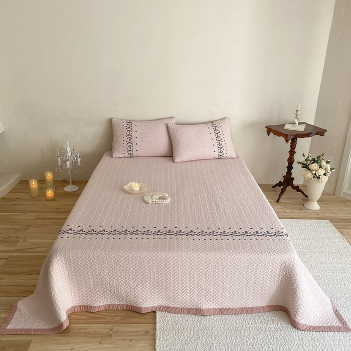 麻依 2026新款韩国重工全棉纱布床盖床盖三件套 烟雨-粉