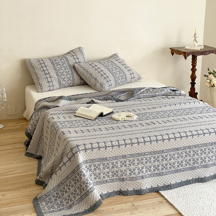 91家纺网 家纺一手货源 找家纺 麻依 2026新款韩国重工全棉纱布床盖床盖三件套 晴岚-灰咖