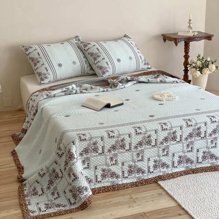 91家纺网 家纺一手货源 找家纺 麻依 2026新款韩国重工全棉纱布床盖床盖三件套 祈福-水蓝