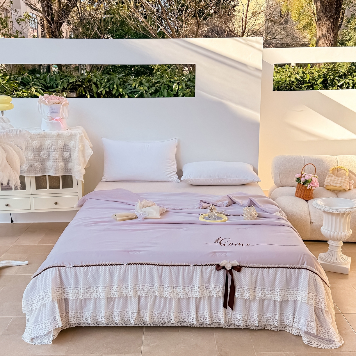 91家纺网 家纺一手货源 找家纺 优姿家纺 2026新款热款法式田园风花边天丝绣花夏被被子被芯 紫色