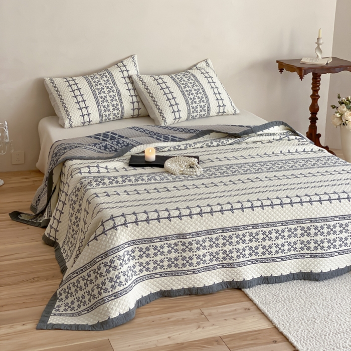 91家纺网 家纺一手货源 找家纺 麻依 2026新款韩国重工全棉纱布床盖床盖三件套 晴岚-米白