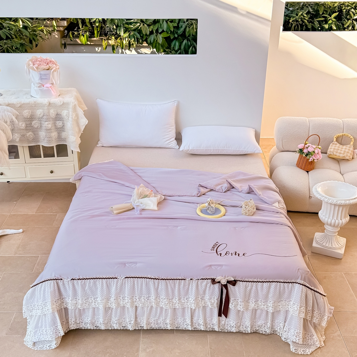 91家纺网 家纺一手货源 找家纺 优姿家纺 2026新款热款法式田园风花边天丝绣花夏被被子被芯 紫色