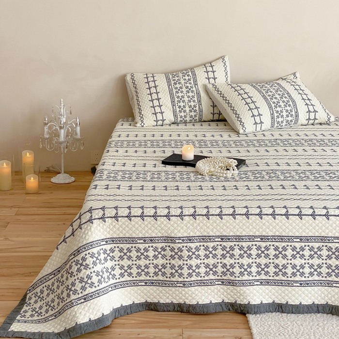 91家纺网 家纺一手货源 找家纺 麻依 2026新款韩国重工全棉纱布床盖床盖三件套 晴岚-米白