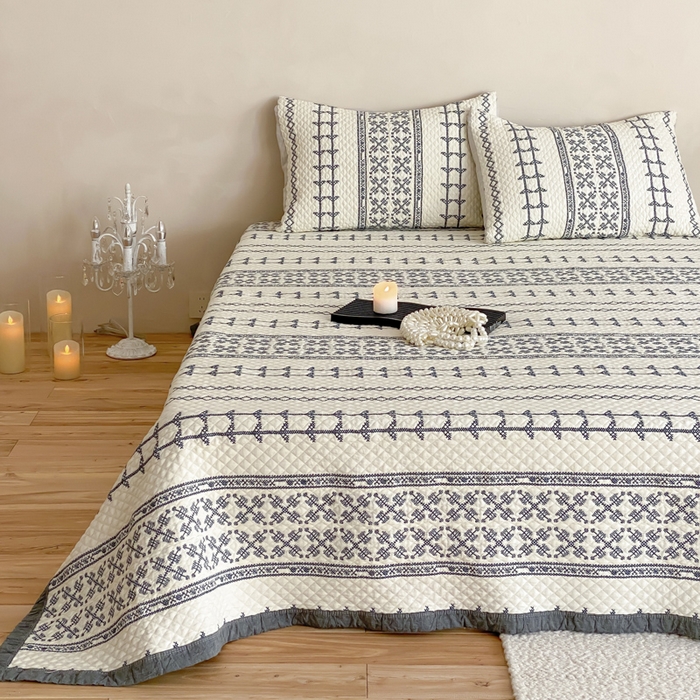 91家纺网 家纺一手货源 找家纺 麻依 2026新款韩国重工全棉纱布床盖床盖三件套 晴岚-米白