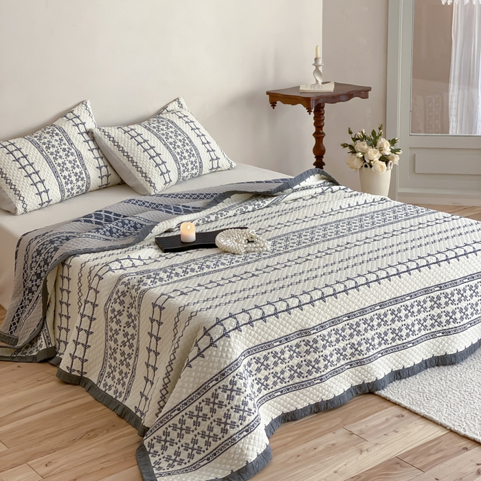 91家纺网 家纺一手货源 找家纺 麻依 2026新款韩国重工全棉纱布床盖床盖三件套 晴岚-米白