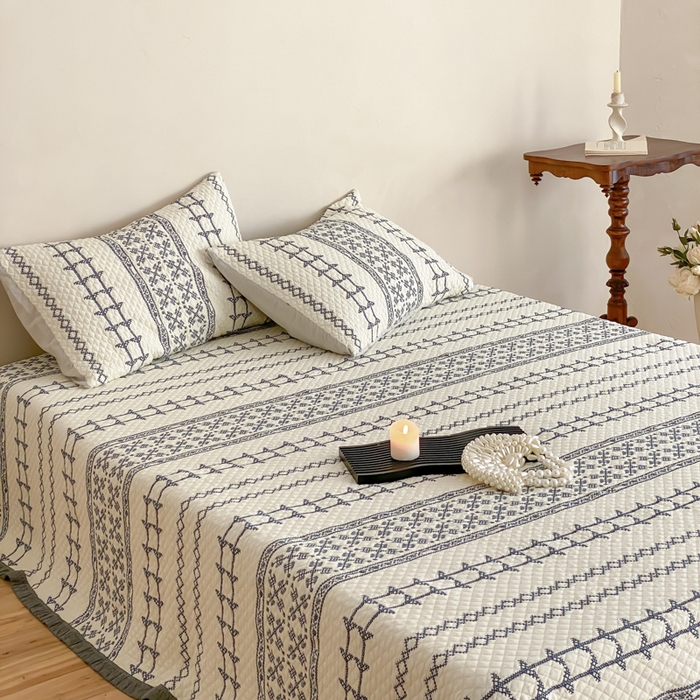 91家纺网 家纺一手货源 找家纺 麻依 2026新款韩国重工全棉纱布床盖床盖三件套 晴岚-米白