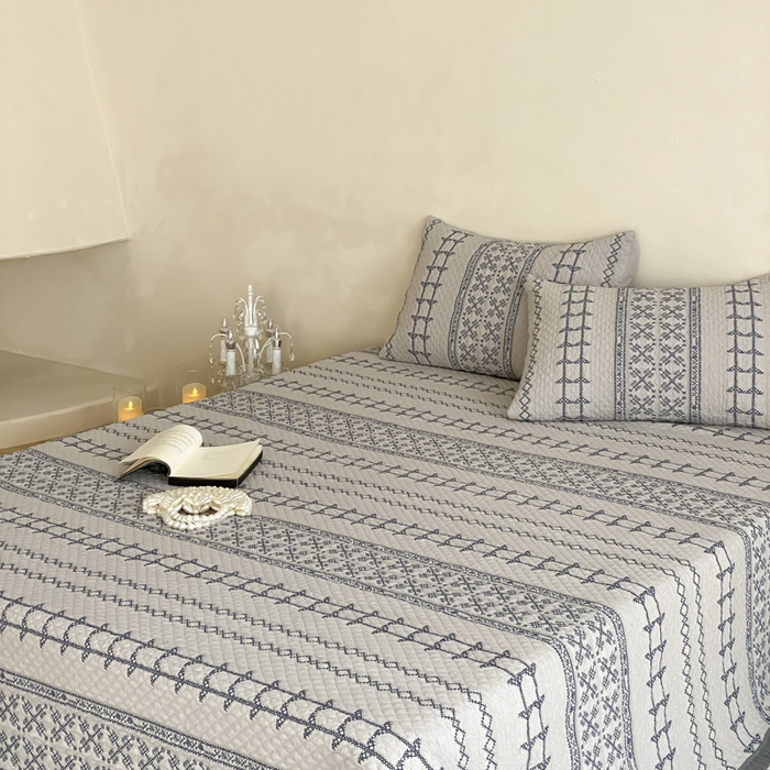 91家纺网 家纺一手货源 找家纺 麻依 2026新款韩国重工全棉纱布床盖床盖三件套 晴岚-灰咖