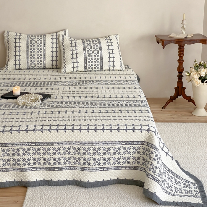 91家纺网 家纺一手货源 找家纺 麻依 2026新款韩国重工全棉纱布床盖床盖三件套 晴岚-米白