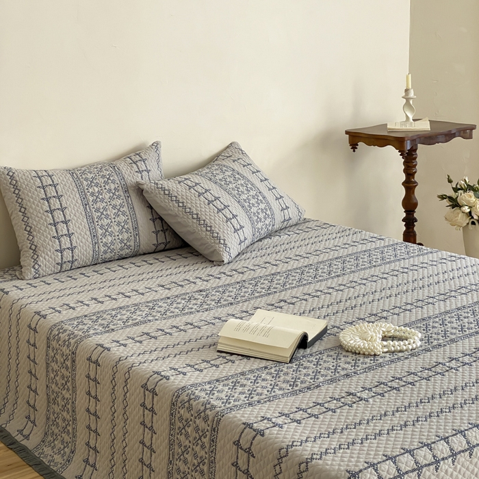 91家纺网 家纺一手货源 找家纺 麻依 2026新款韩国重工全棉纱布床盖床盖三件套 晴岚-灰咖