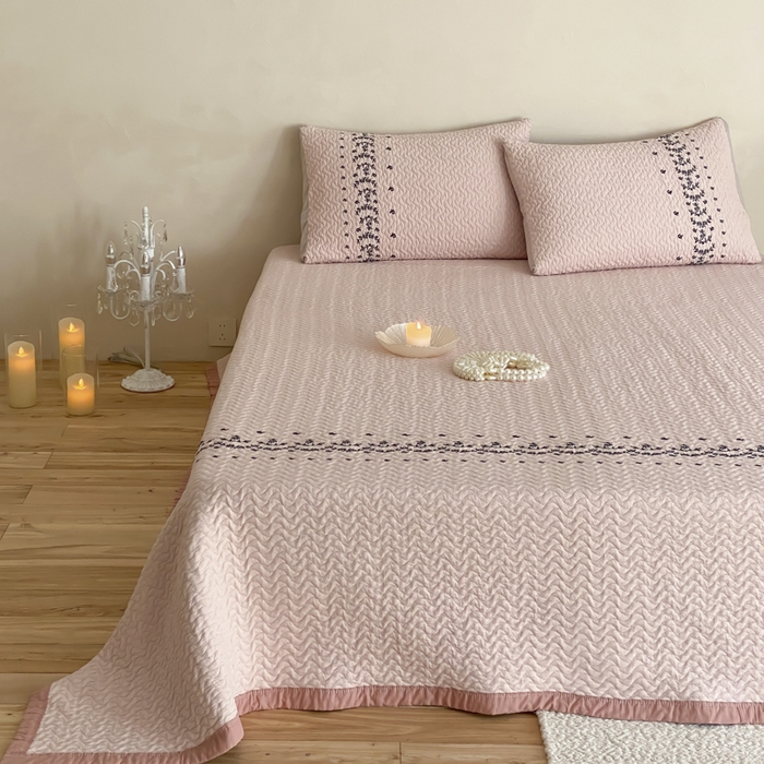 91家纺网 家纺一手货源 找家纺 麻依 2026新款韩国重工全棉纱布床盖床盖三件套 烟雨-粉