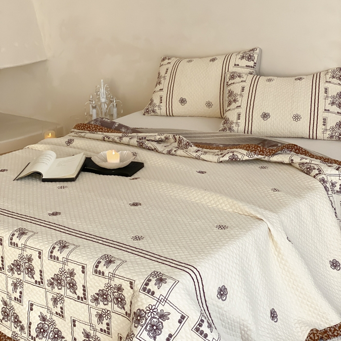 91家纺网 家纺一手货源 找家纺 麻依 2026新款韩国重工全棉纱布床盖床盖三件套 祈福-米白