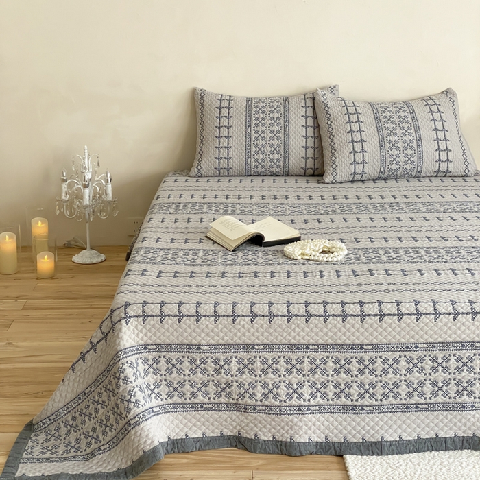 91家纺网 家纺一手货源 找家纺 麻依 2026新款韩国重工全棉纱布床盖床盖三件套 晴岚-灰咖