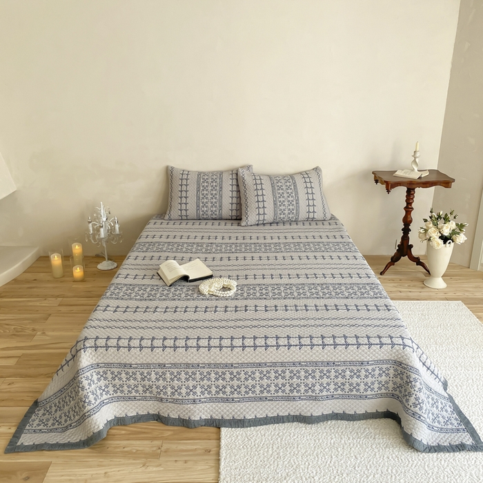 麻依 2026新款韩国重工全棉纱布床盖床盖三件套 晴岚-灰咖