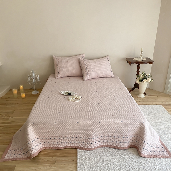 麻依 2026新款韩国重工全棉纱布床盖床盖三件套 楼兰-粉