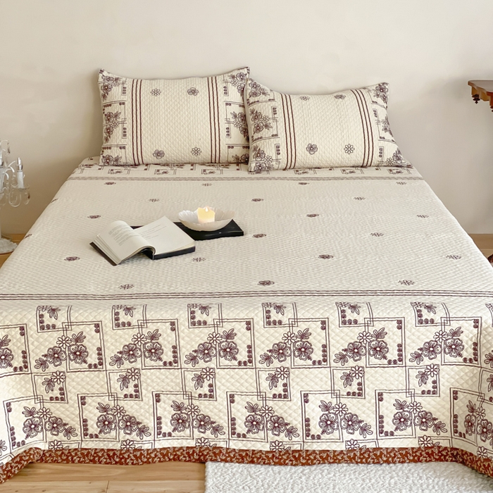 91家纺网 家纺一手货源 找家纺 麻依 2026新款韩国重工全棉纱布床盖床盖三件套 祈福-米白