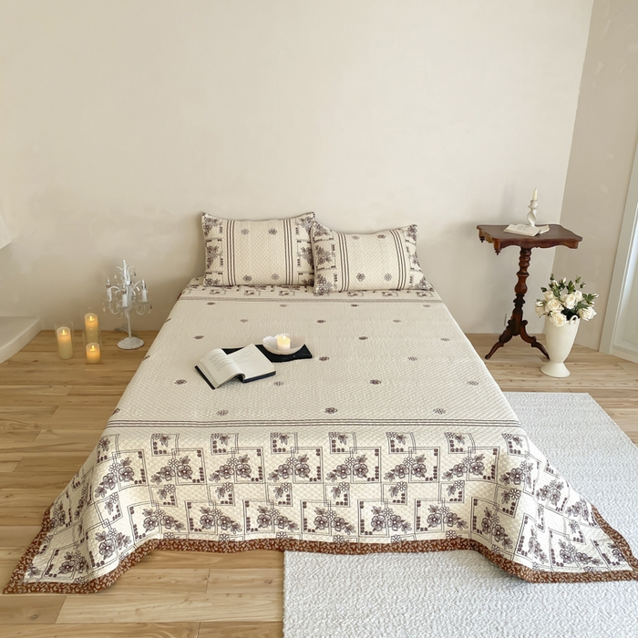 麻依 2026新款韩国重工全棉纱布床盖床盖三件套 祈福-米白