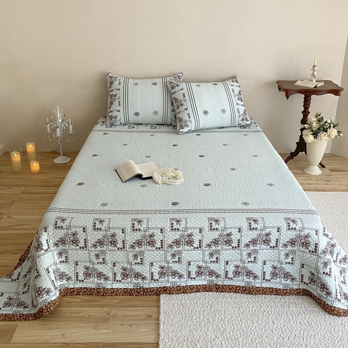 麻依 2026新款韩国重工全棉纱布床盖床盖三件套 祈福-水蓝