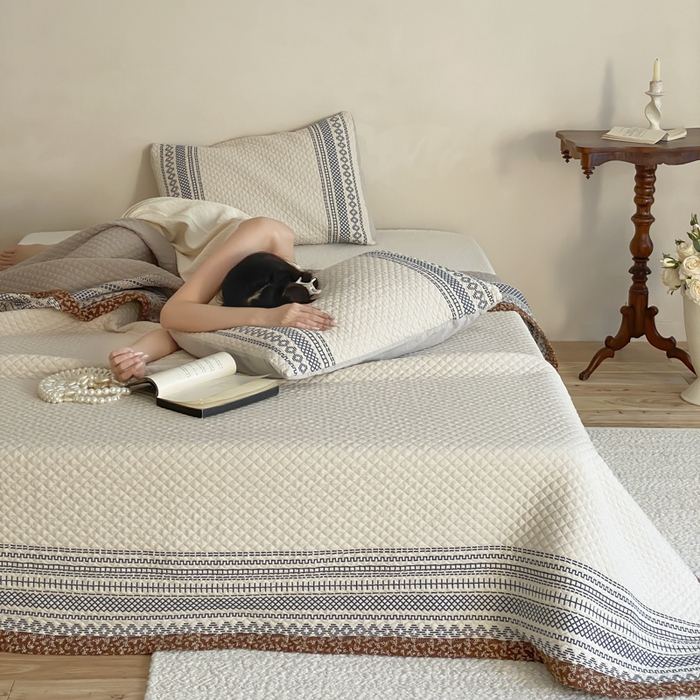 91家纺网 家纺一手货源 找家纺 麻依 2026新款韩国重工全棉纱布床盖床盖三件套 洛格羽