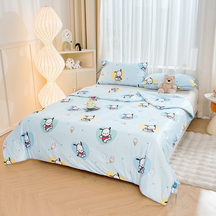 91家纺网 家纺一手货源 找家纺 优雅星家纺 2026新款A类针织棉三丽鸥正版夏被儿童卡通牛奶丝凉感夏凉被 冰淇淋帕恰狗