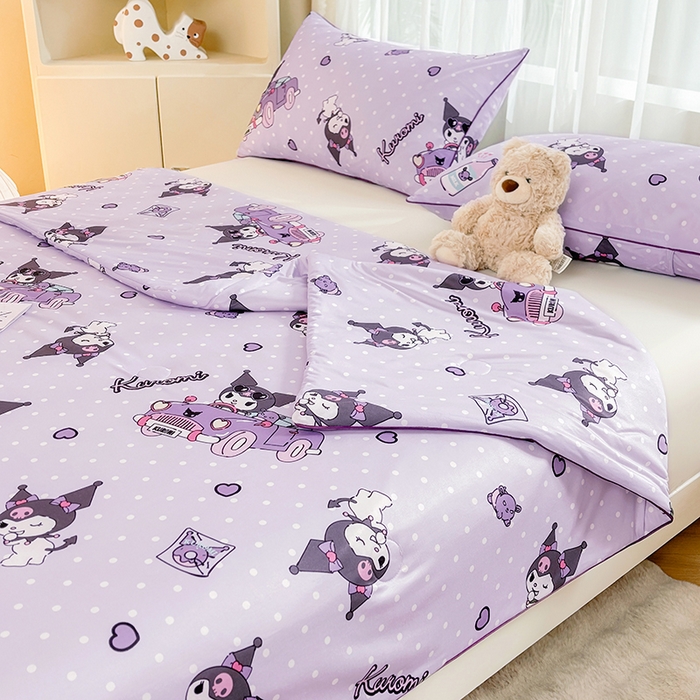 91家纺网 家纺一手货源 找家纺 优雅星家纺 2026新款A类针织棉三丽鸥正版夏被儿童卡通牛奶丝凉感夏凉被 波点紫库洛米