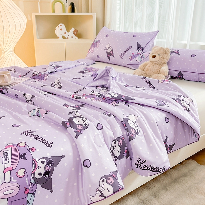 91家纺网 家纺一手货源 找家纺 优雅星家纺 2026新款A类针织棉三丽鸥正版夏被儿童卡通牛奶丝凉感夏凉被 波点紫库洛米