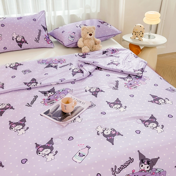 91家纺网 家纺一手货源 找家纺 优雅星家纺 2026新款A类针织棉三丽鸥正版夏被儿童卡通牛奶丝凉感夏凉被 波点紫库洛米