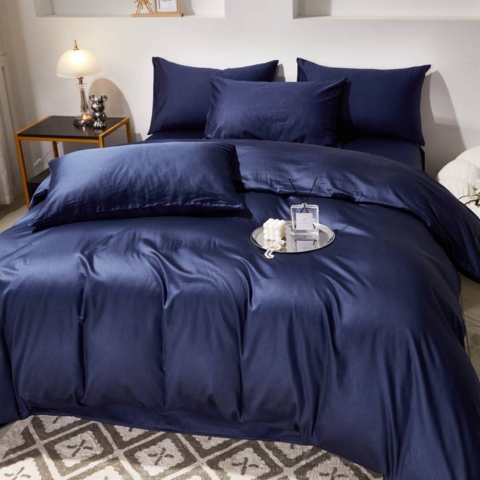 91家纺网 家纺一手货源 找家纺 晶缦家纺 2026新款全棉A类纯棉60支贡缎长绒棉纯色四件套 琳琅-丈青色