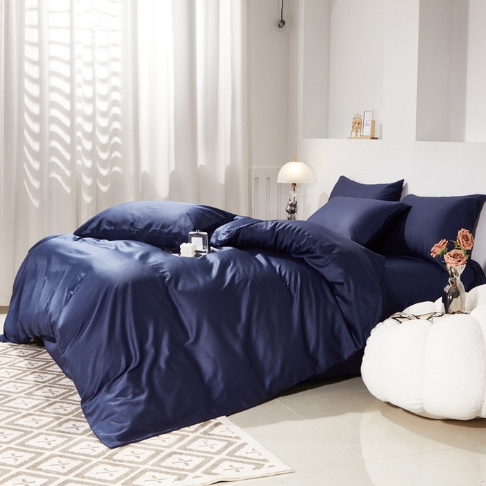 91家纺网 家纺一手货源 找家纺 晶缦家纺 2026新款全棉A类纯棉60支贡缎长绒棉纯色四件套 琳琅-丈青色