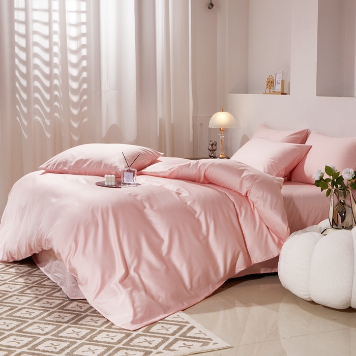 91家纺网 家纺一手货源 找家纺 晶缦家纺 2026新款全棉A类纯棉60支贡缎长绒棉纯色四件套 琳琅-粉玉色