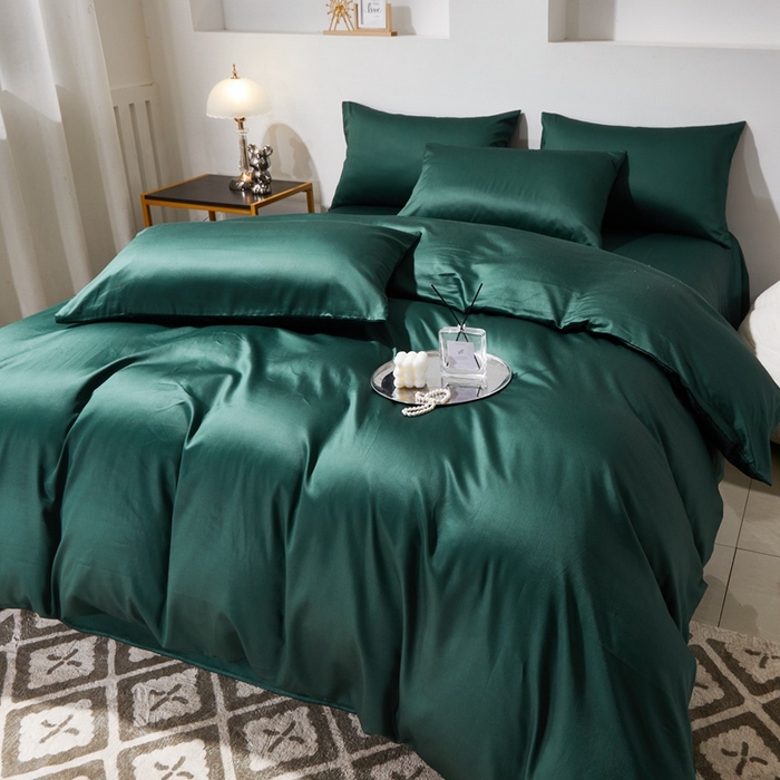 91家纺网 家纺一手货源 找家纺 晶缦家纺 2026新款全棉A类纯棉60支贡缎长绒棉纯色四件套 琳琅-墨绿色