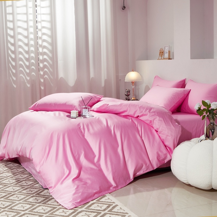 91家纺网 家纺一手货源 找家纺 晶缦家纺 2026新款全棉A类纯棉60支贡缎长绒棉纯色四件套 琳琅-粉红色
