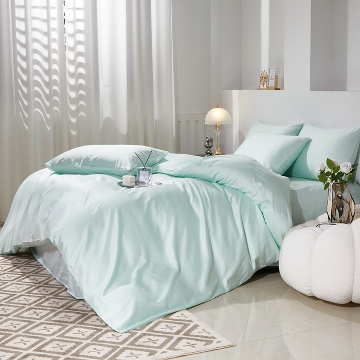 91家纺网 家纺一手货源 找家纺 晶缦家纺 2026新款全棉A类纯棉60支贡缎长绒棉纯色四件套 琳琅-天青绿