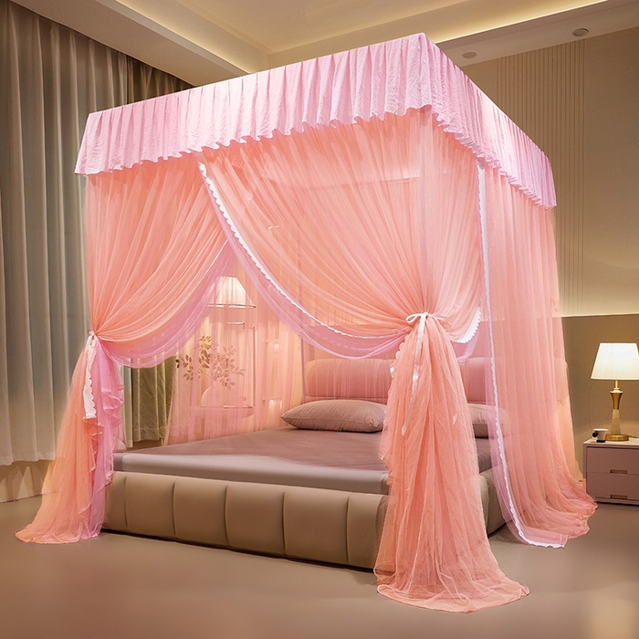 91家纺网 家纺一手货源 找家纺 优雅星家纺 2026新款浪漫花边双层纱落地蚊帐-轻舞盛夏 轻舞盛夏 玉粉