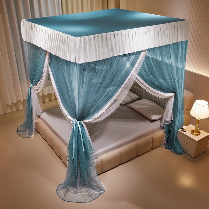 91家纺网 家纺一手货源 找家纺 优雅星家纺 2026新款浪漫花边双层纱落地蚊帐-轻舞盛夏 轻舞盛夏 雾蓝白