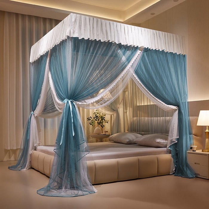 91家纺网 家纺一手货源 找家纺 优雅星家纺 2026新款浪漫花边双层纱落地蚊帐-轻舞盛夏 轻舞盛夏 雾蓝白