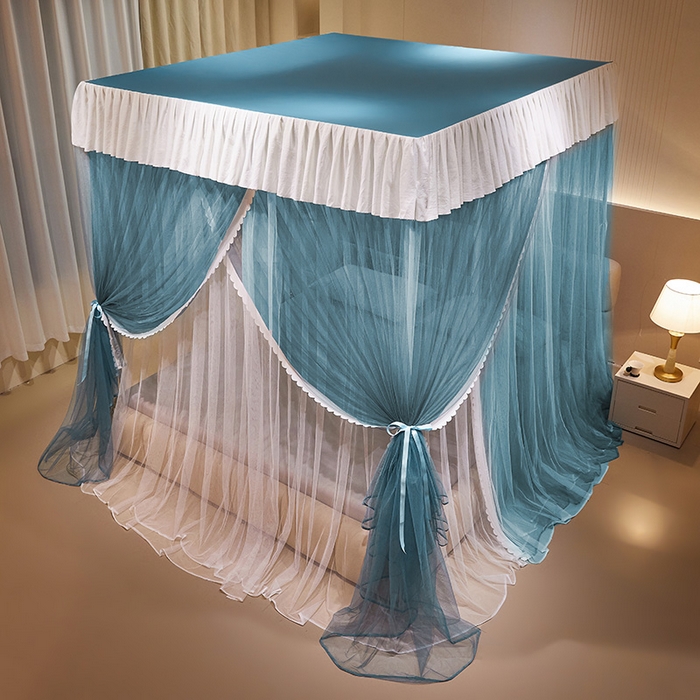 91家纺网 家纺一手货源 找家纺 优雅星家纺 2026新款浪漫花边双层纱落地蚊帐-轻舞盛夏 轻舞盛夏 雾蓝白