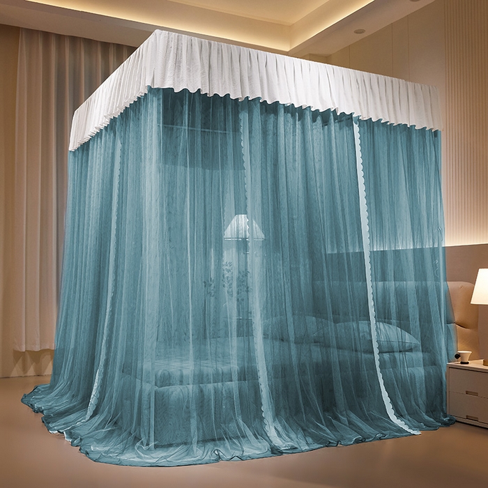 91家纺网 家纺一手货源 找家纺 优雅星家纺 2026新款浪漫花边双层纱落地蚊帐-轻舞盛夏 轻舞盛夏 雾蓝白