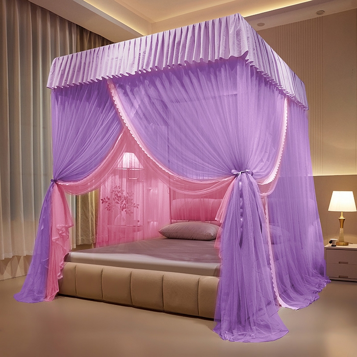 优雅星家纺 2026新款浪漫花边双层纱落地蚊帐-轻舞盛夏 轻舞盛夏 紫粉