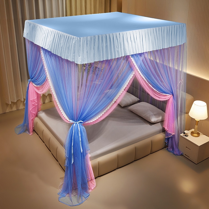 91家纺网 家纺一手货源 找家纺 优雅星家纺 2026新款浪漫花边双层纱落地蚊帐-轻舞盛夏 轻舞盛夏 蓝粉