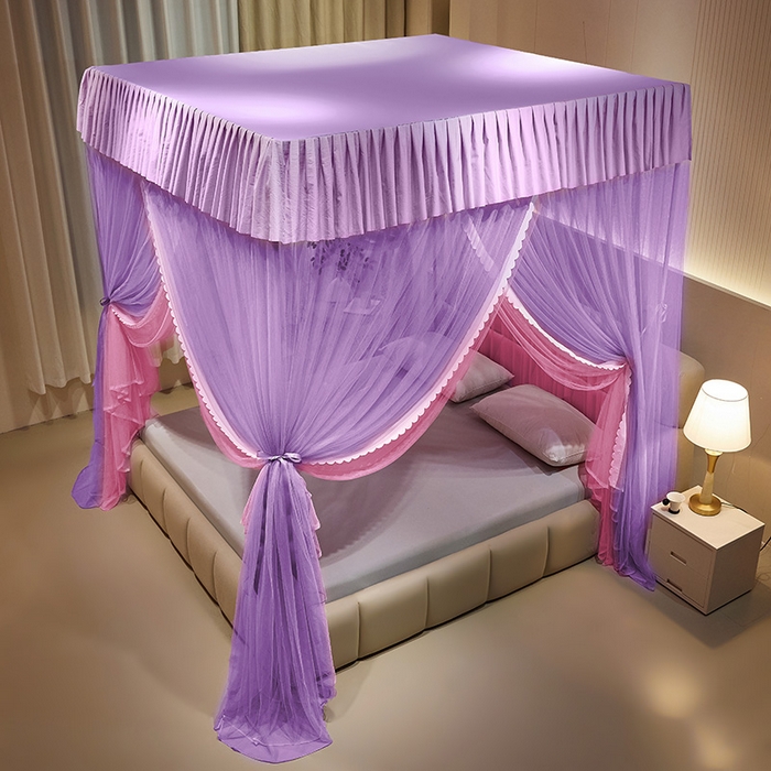 91家纺网 家纺一手货源 找家纺 优雅星家纺 2026新款浪漫花边双层纱落地蚊帐-轻舞盛夏 轻舞盛夏 紫粉