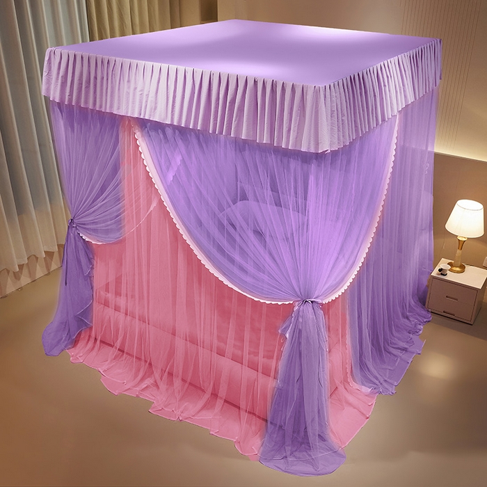 91家纺网 家纺一手货源 找家纺 优雅星家纺 2026新款浪漫花边双层纱落地蚊帐-轻舞盛夏 轻舞盛夏 紫粉