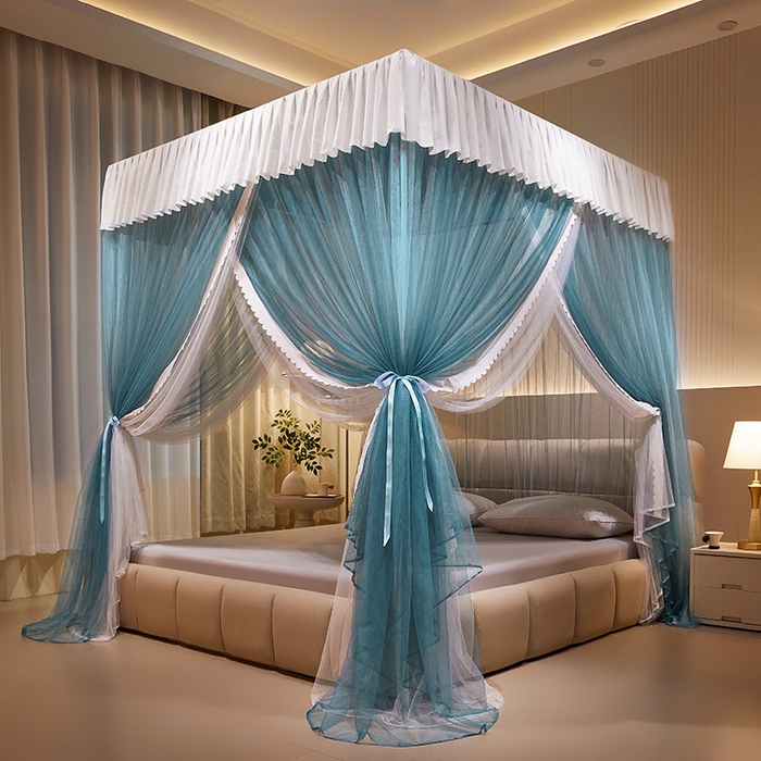 91家纺网 家纺一手货源 找家纺 优雅星家纺 2026新款浪漫花边双层纱落地蚊帐-轻舞盛夏 轻舞盛夏 雾蓝白