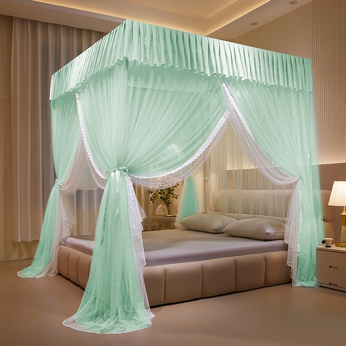 91家纺网 家纺一手货源 找家纺 优雅星家纺 2026新款浪漫花边双层纱落地蚊帐-轻舞盛夏 轻舞盛夏 绿白