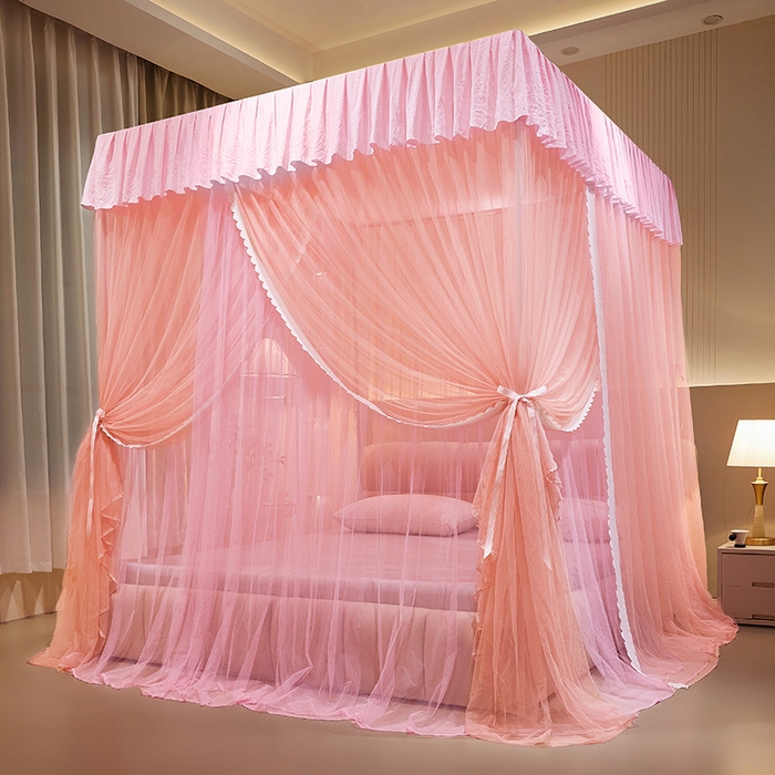 91家纺网 家纺一手货源 找家纺 优雅星家纺 2026新款浪漫花边双层纱落地蚊帐-轻舞盛夏 轻舞盛夏 玉粉