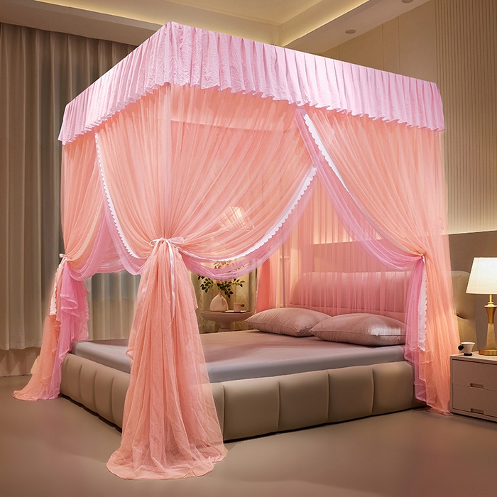 91家纺网 家纺一手货源 找家纺 优雅星家纺 2026新款浪漫花边双层纱落地蚊帐-轻舞盛夏 轻舞盛夏 玉粉