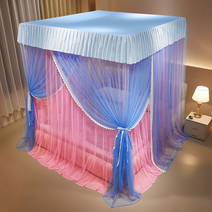 91家纺网 家纺一手货源 找家纺 优雅星家纺 2026新款浪漫花边双层纱落地蚊帐-轻舞盛夏 轻舞盛夏 蓝粉