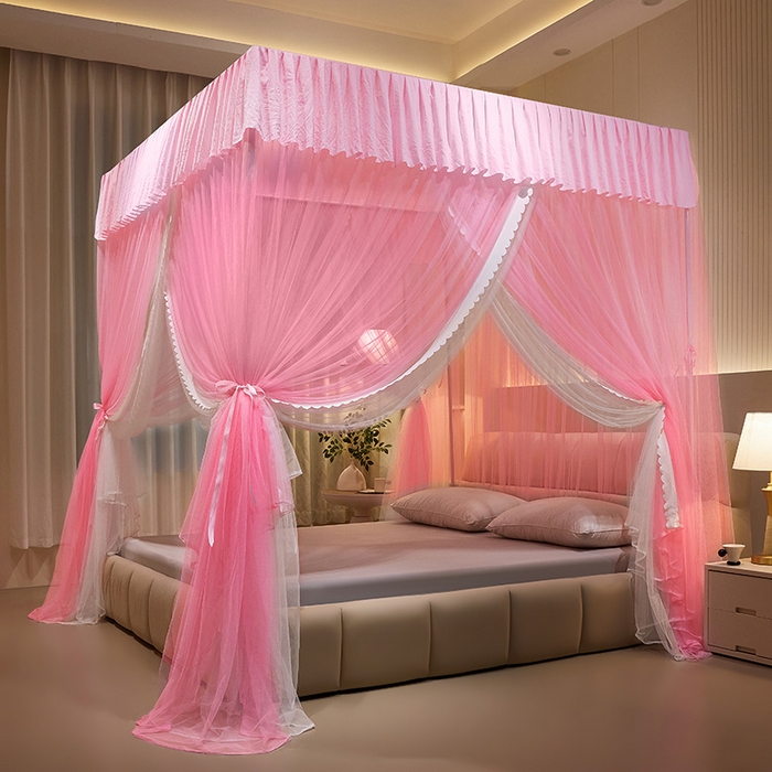 91家纺网 家纺一手货源 找家纺 优雅星家纺 2026新款浪漫花边双层纱落地蚊帐-轻舞盛夏 轻舞盛夏 粉白